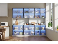 2 Vitrinas Altas Modernas de Cristal - 120 x 34 x 200 cm - con LEDs + 6 Puertas + Estante - Tablero de Aglomerado - Blanco