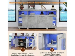 Aparador de hormigón gris con LED, vitrina con puertas de cristal, 3 cajones, 140x40x70 cm