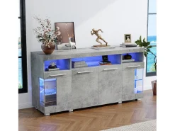 Aparador de hormigón gris con LED, vitrina con puertas de cristal, 3 cajones, 140x40x70 cm
