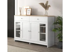 Aparador de madera blanca con 4 puertas, 2 cajones y puertas de vidrio para sala de estar/comedor.