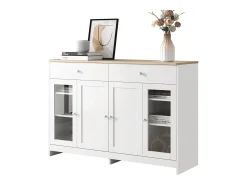 Aparador de madera blanca con 4 puertas, 2 cajones y puertas de vidrio para sala de estar/comedor.