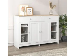 Aparador de madera blanca con 4 puertas, 2 cajones y puertas de vidrio para sala de estar/comedor.