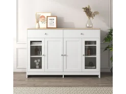 Aparador de madera blanca con 4 puertas, 2 cajones y puertas de vidrio para sala de estar/comedor.