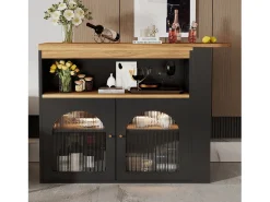 Aparador, Mueble bar giratorio y retráctil con LED - gran espacio de almacenamiento - estilo contemporáneo - Negro