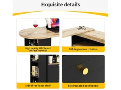 Aparador, Mueble bar giratorio y retráctil - 4 cajones y 4 compartimentos - Negro