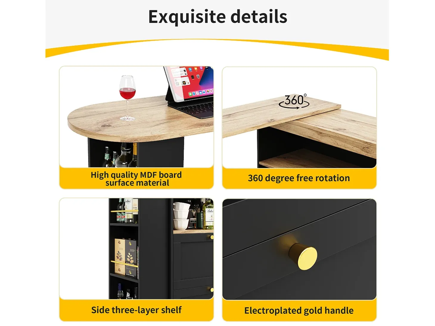 Aparador, Mueble bar giratorio y retráctil - 4 cajones y 4 compartimentos - Negro