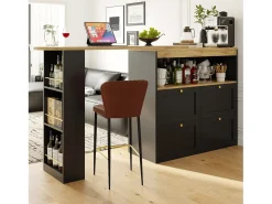 Aparador, Mueble bar giratorio y retráctil - 4 cajones y 4 compartimentos - Negro