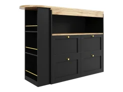Aparador, Mueble bar giratorio y retráctil - 4 cajones y 4 compartimentos - Negro