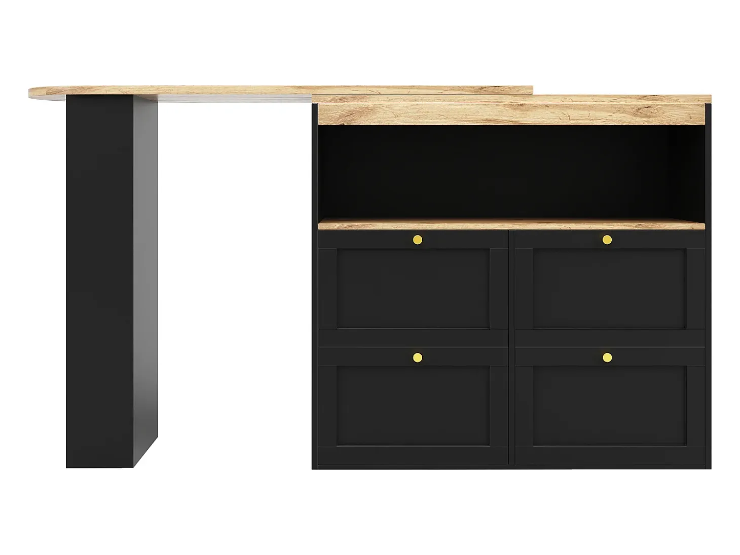 Aparador, Mueble bar giratorio y retráctil - 4 cajones y 4 compartimentos - Negro