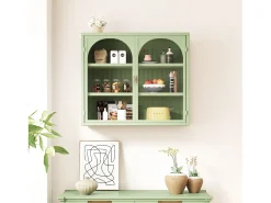 Aparador mural con 2 puertas de cristal curvado - Para cocina o baño - Verde - 70 × 23 × 60 cm