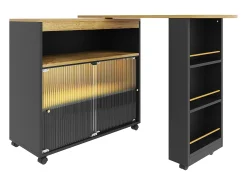 Aparador、Mueble bar giratorio y retráctil con LED - compartimentos y especiero - Negro