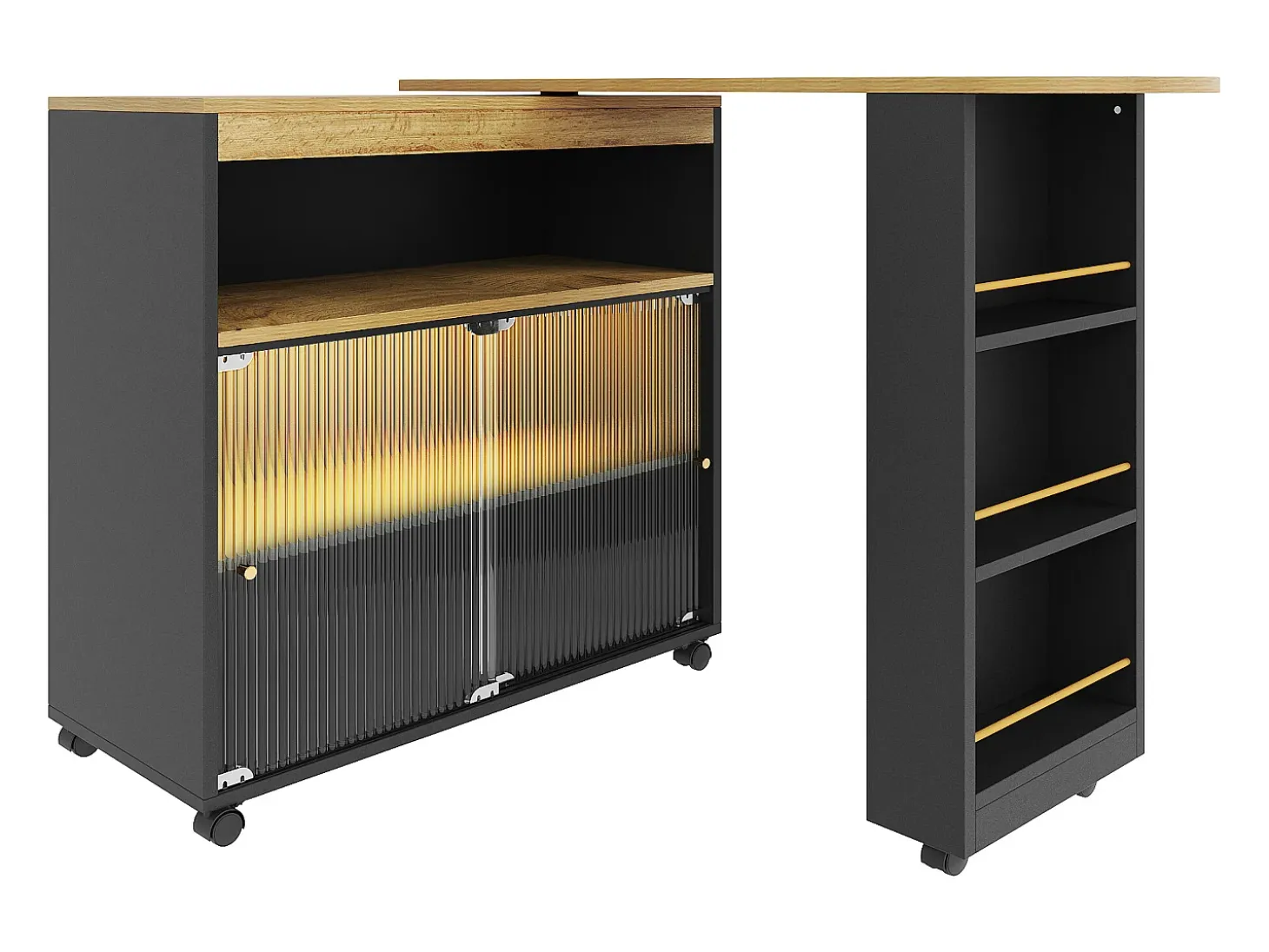 Aparador、Mueble bar giratorio y retráctil con LED - compartimentos y especiero - Negro