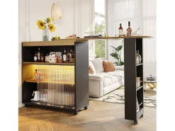 Aparador、Mueble bar giratorio y retráctil con LED - compartimentos y especiero - Negro