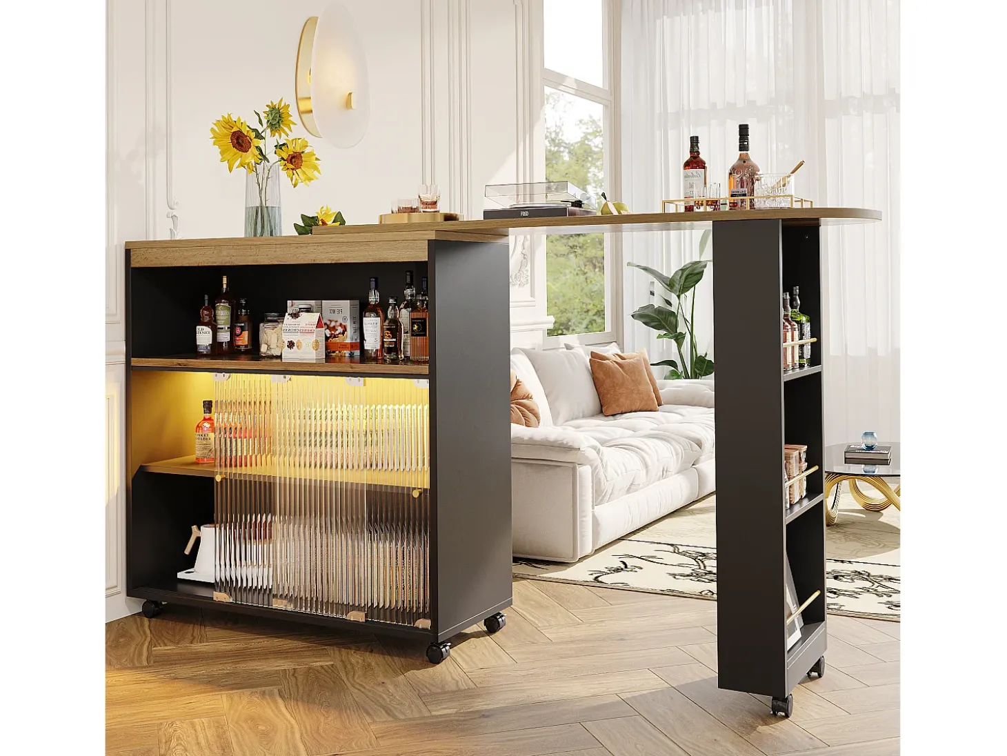Aparador、Mueble bar giratorio y retráctil con LED - compartimentos y especiero - Negro