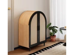 Aparador/zapatero - 70 x 40 x 100 cm - con 2 puertas de ratán caladas + 3 estantes - MDF - natural