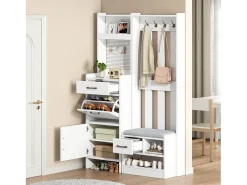 Armadietto bianco con 2 cassetti, 2 ante, panca e ganci, pannello forato 110x35x175,5cm