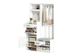 Armadietto bianco con 2 cassetti, 2 ante, panca e ganci, pannello forato 110x35x175,5cm
