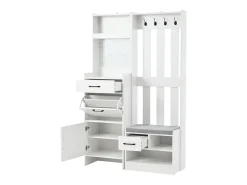 Armadietto bianco con 2 cassetti, 2 ante, panca e ganci, pannello forato 110x35x175,5cm
