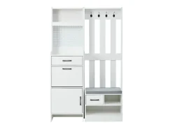 Armadietto bianco con 2 cassetti, 2 ante, panca e ganci, pannello forato 110x35x175,5cm