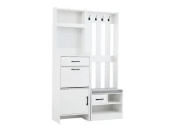 Armadietto bianco con 2 cassetti, 2 ante, panca e ganci, pannello forato 110x35x175,5cm