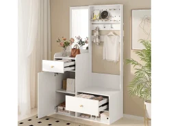 Armario blanco con 2 cajones, 1 puerta y espejo, ganchos regulables 105x38x180cm