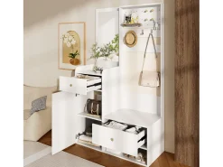 Armario blanco con 2 cajones, 1 puerta y espejo, ganchos regulables 105x38x180cm