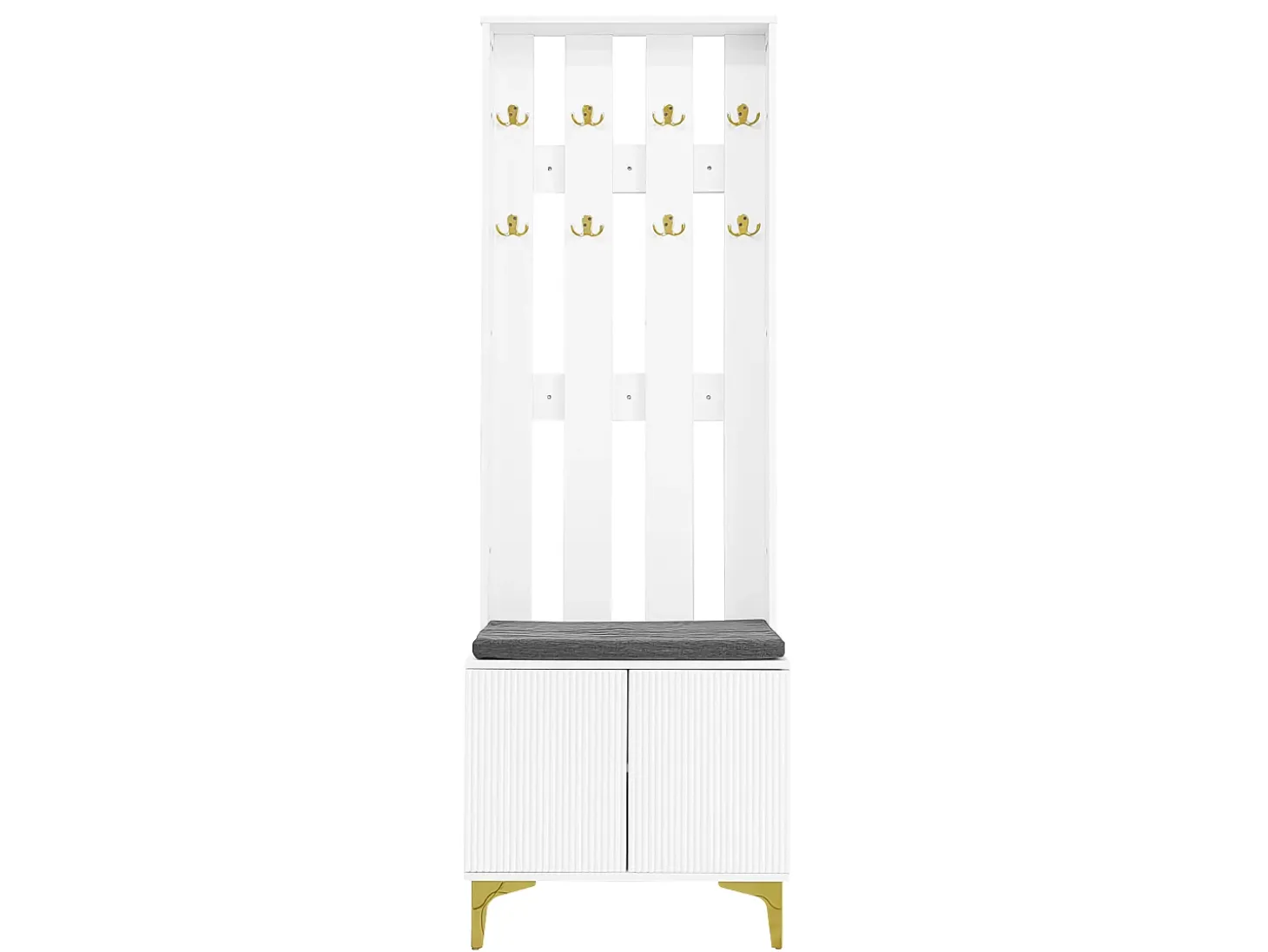 Armario blanco con 2 puertas, banco zapatero y cojín, ganchos, patas doradas 60,5x35,2x180,5cm