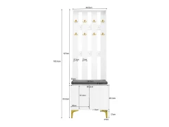 Armario blanco con 2 puertas, banco zapatero y cojín, ganchos, patas doradas 60,5x35,2x180,5cm