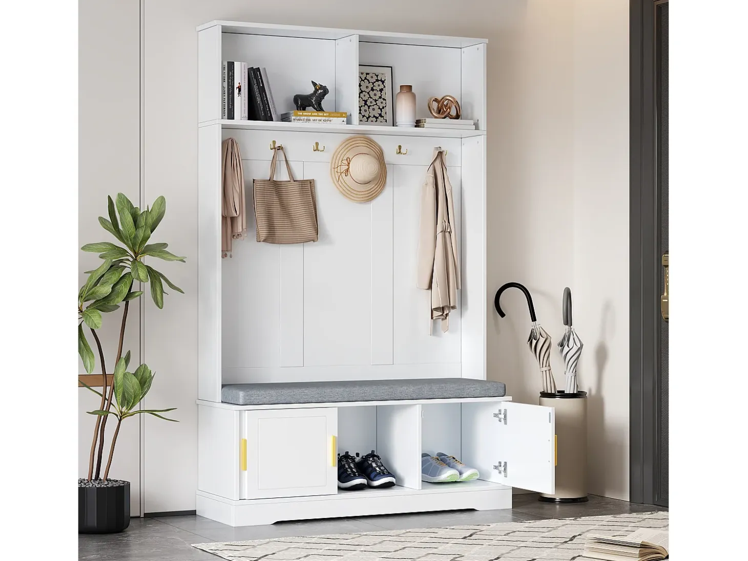 Armario blanco con 3 puertas, banco zapatero y 6 ganchos, sencillo y versátil 120×40×191 cm