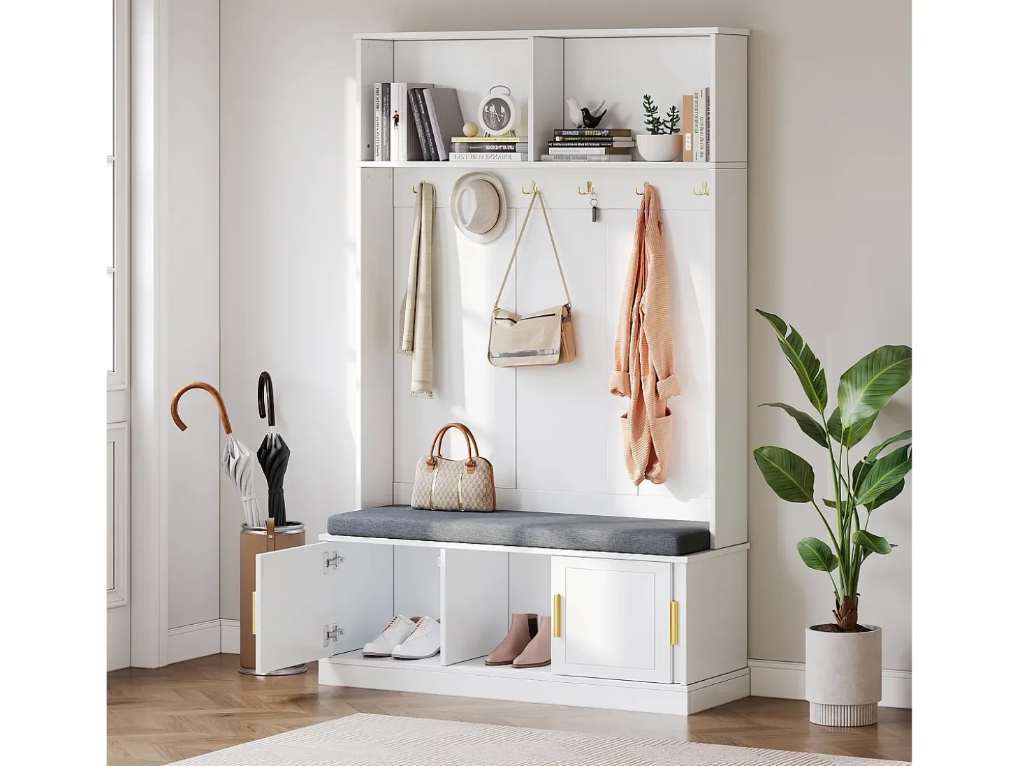 Armario blanco con 3 puertas, banco zapatero y 6 ganchos, sencillo y versátil 120×40×191 cm