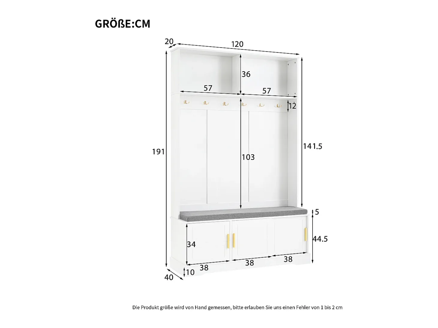 Armario blanco con 3 puertas, banco zapatero y 6 ganchos, sencillo y versátil 120×40×191 cm