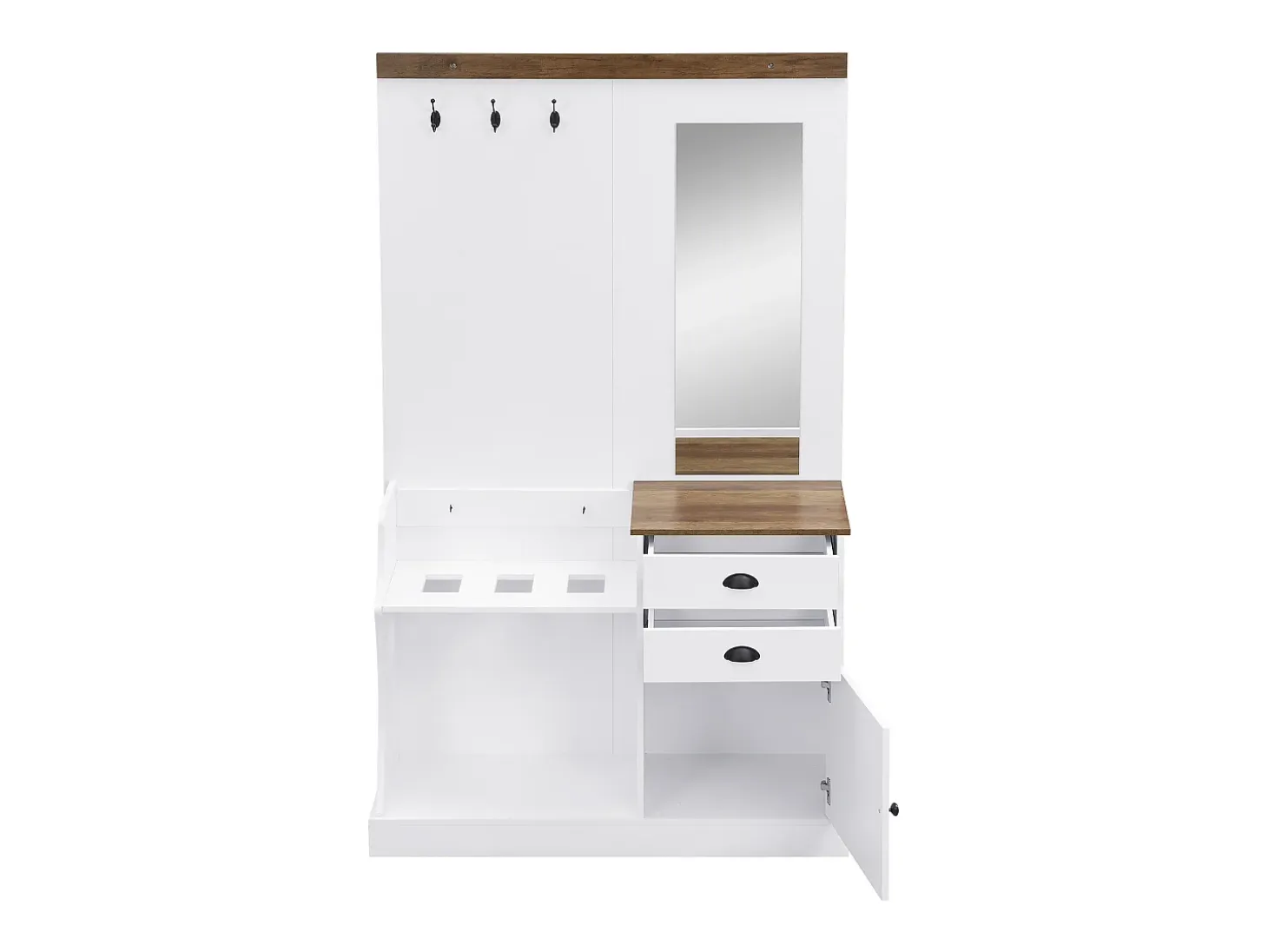 Armario blanco y madera con espejo, 2 cajones, 1 puerta, colgadores y paragüero 110,5x38x191cm