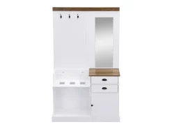 Armario blanco y madera con espejo, 2 cajones, 1 puerta, colgadores y paragüero 110,5x38x191cm
