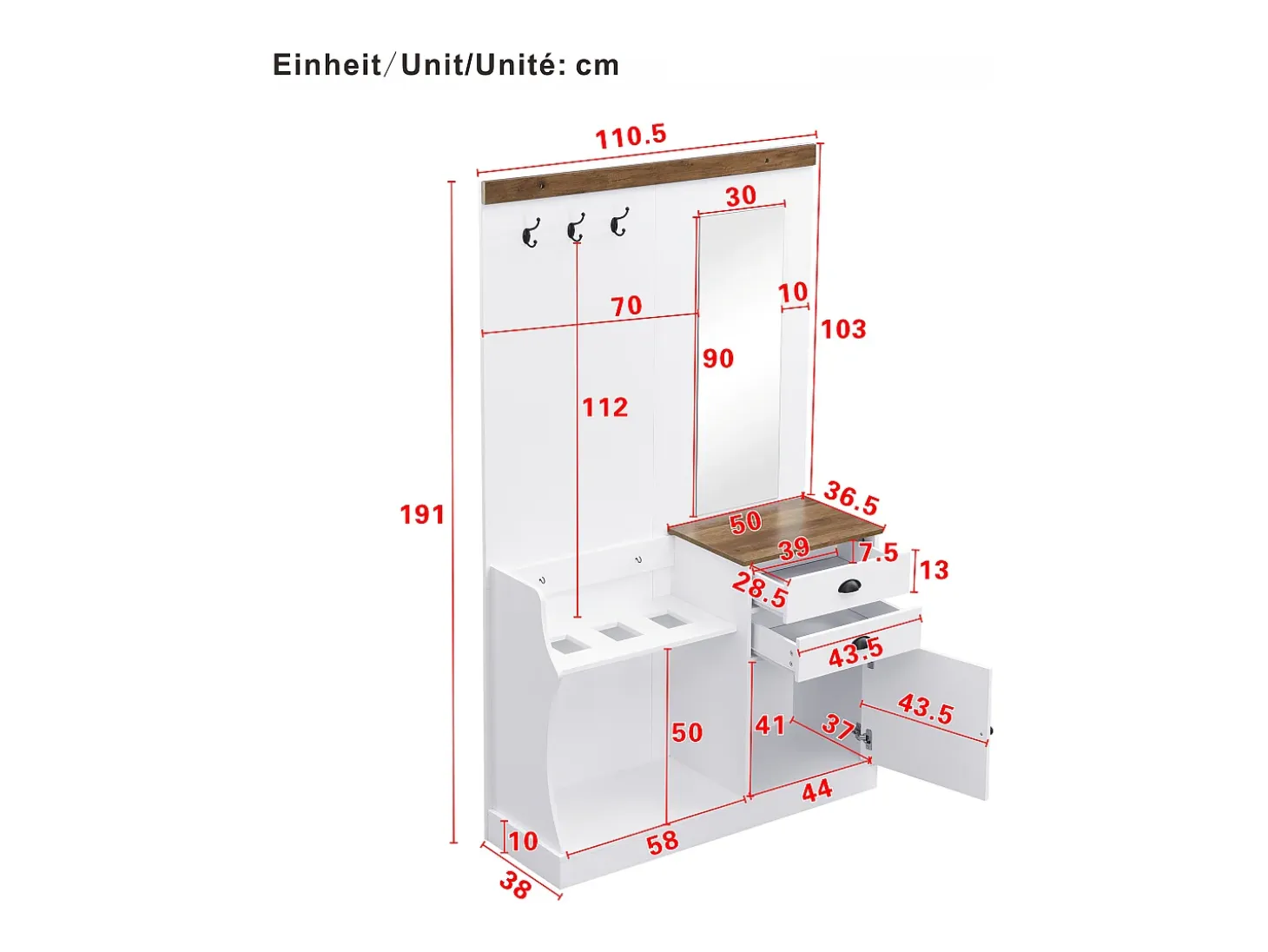 Armario blanco y madera con espejo, 2 cajones, 1 puerta, colgadores y paragüero 110,5x38x191cm
