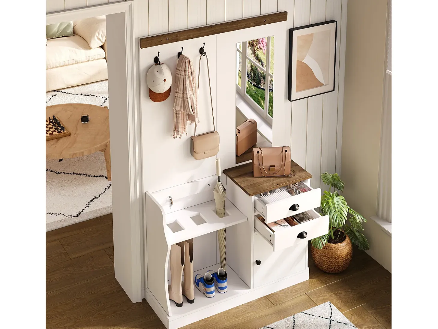 Armario blanco y madera con espejo, 2 cajones, 1 puerta, colgadores y paragüero 110,5x38x191cm