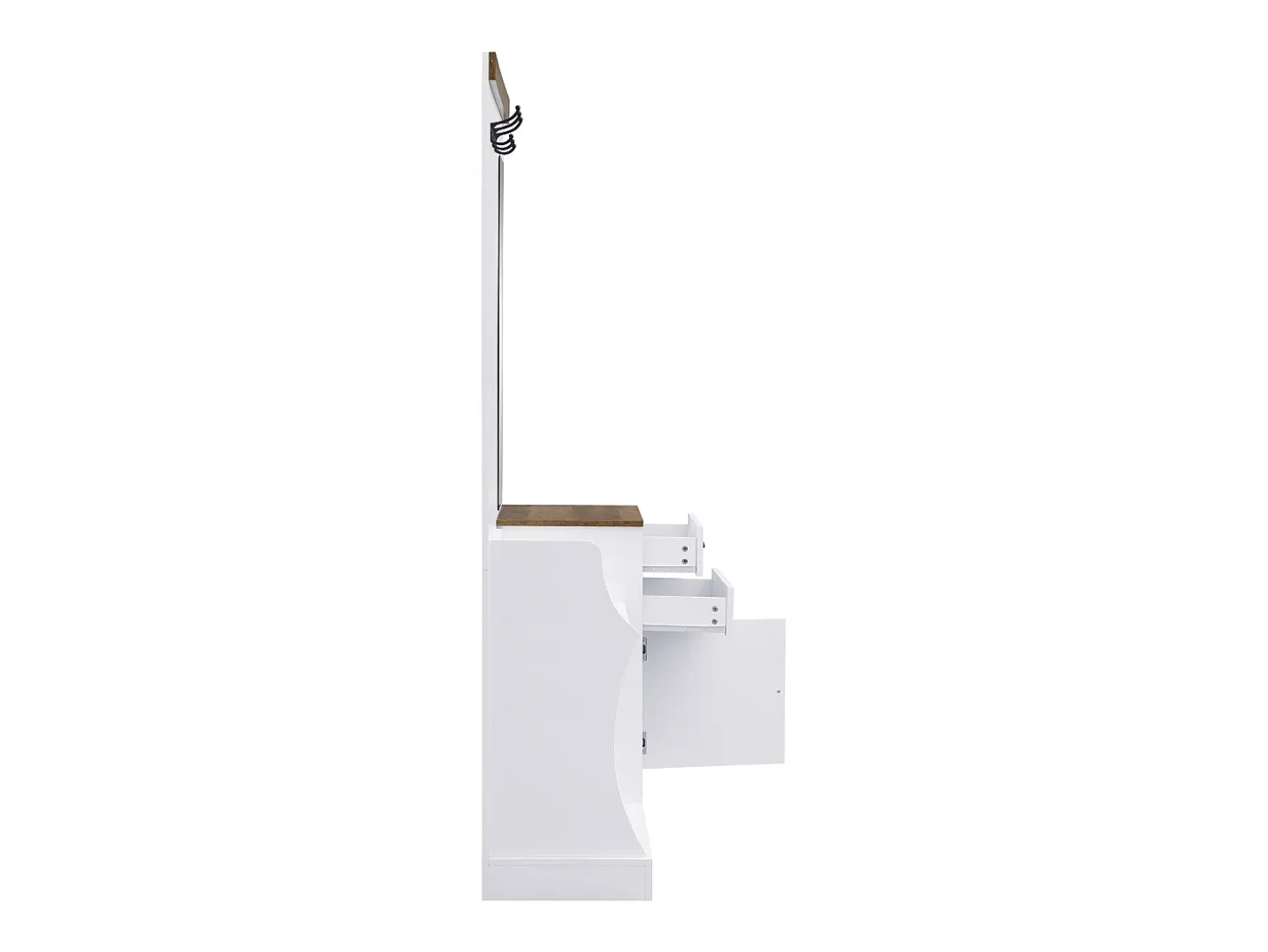 Armario blanco y madera con espejo, 2 cajones, 1 puerta, colgadores y paragüero 110,5x38x191cm