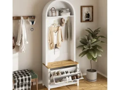 Armario blanco y natural con puerta y colgadores dorados, diseño arco 75x35x195cm