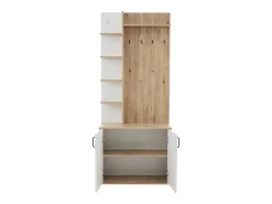 Armario blanco y natural con 2 puertas, 5 estantes y colgadores, tablero madera veteada 75x33x180cm