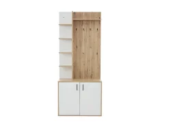 Armario blanco y natural con 2 puertas, 5 estantes y colgadores, tablero madera veteada 75x33x180cm
