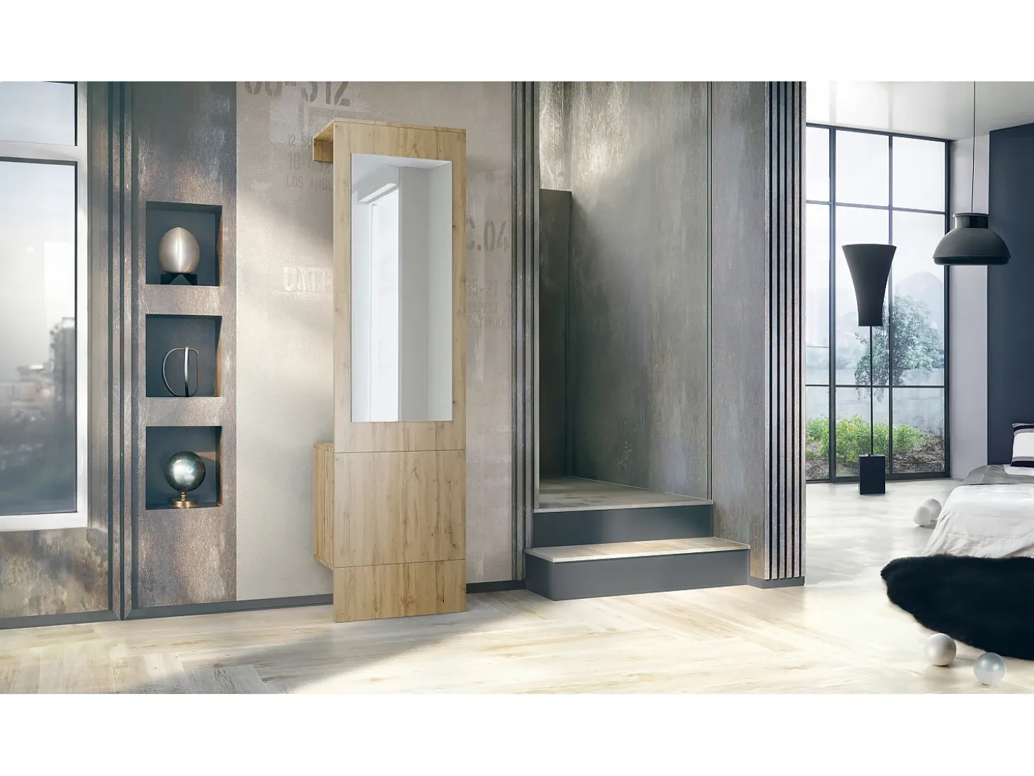 Armario Carlton Neo, Perchero de pared con panel de vestíbulo, espejo, barra para ropa y armario de pared, Roble Evoke (52 x 193 x 35 cm)