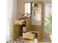 Armario color madera con 2 cajones, 1 puerta y espejo, ganchos regulables 105x38x180cm