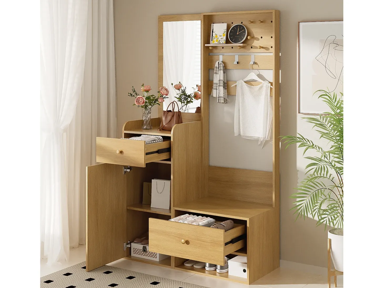 Armario color madera con 2 cajones, 1 puerta y espejo, ganchos regulables 105x38x180cm