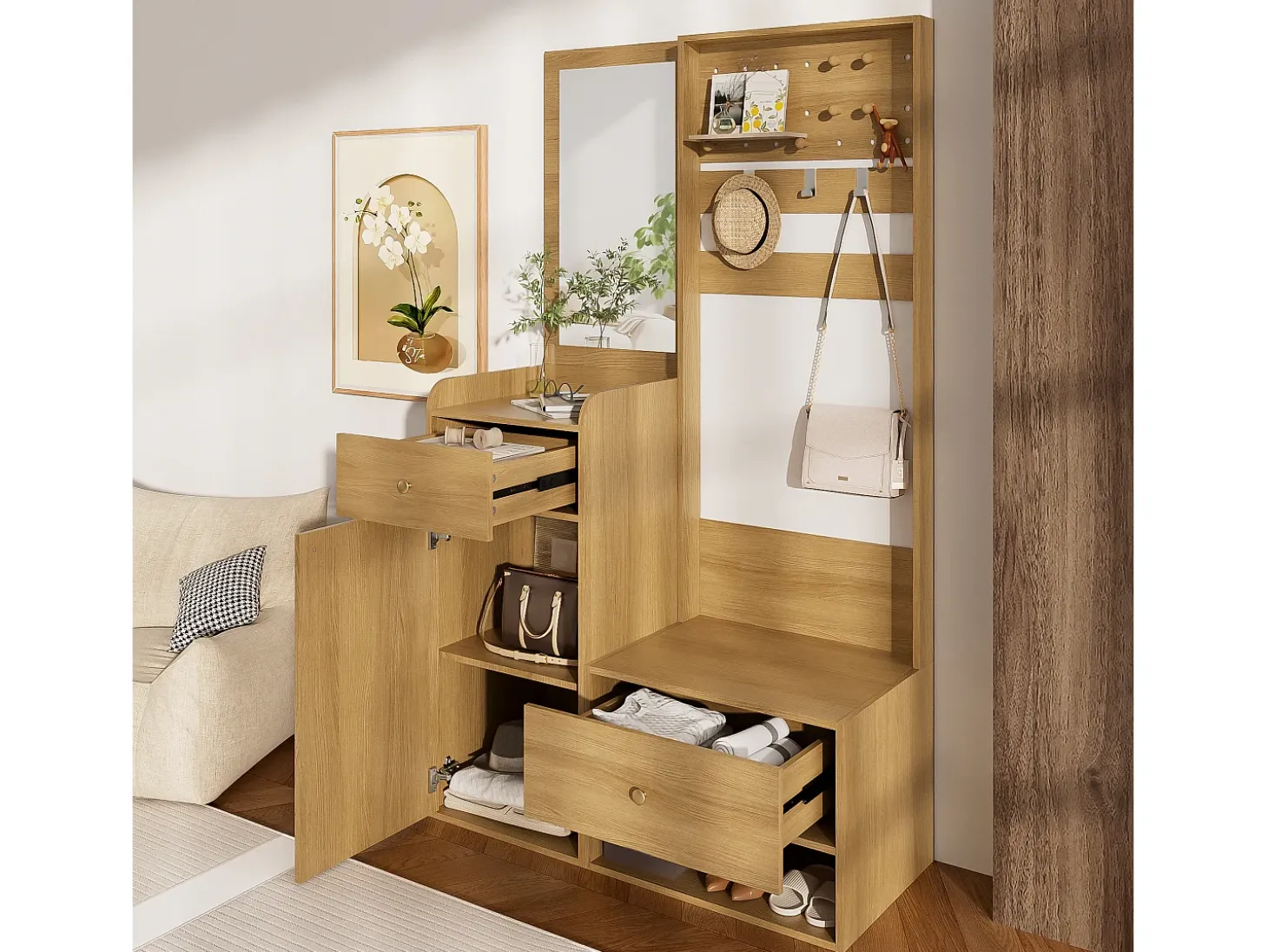 Armario color madera con 2 cajones, 1 puerta y espejo, ganchos regulables 105x38x180cm