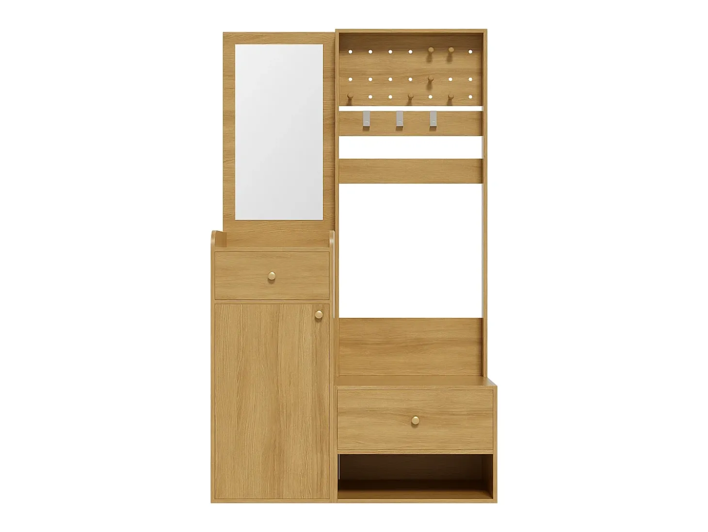Armario color madera con 2 cajones, 1 puerta y espejo, ganchos regulables 105x38x180cm
