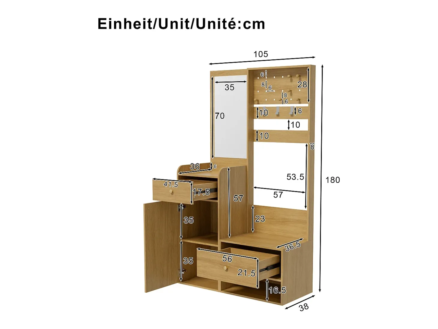 Armario color madera con 2 cajones, 1 puerta y espejo, ganchos regulables 105x38x180cm