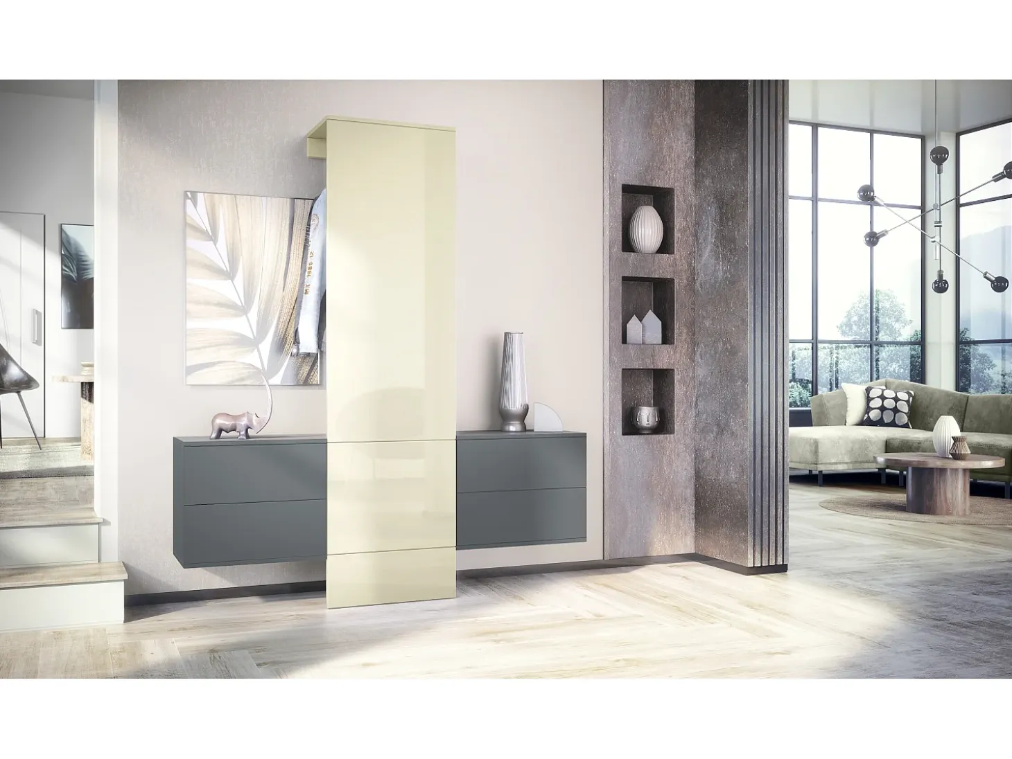 Armario de pared Carlton Set 3, Cuerpo en antracita mate / Panel en crema de alto brillo (157 x 193 x 35 cm)