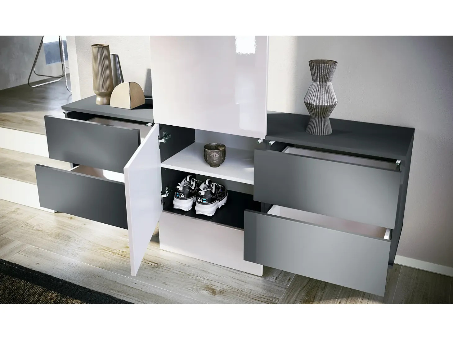 Armario de pared Carlton Set 3, Cuerpo en antracita mate / Panel en crema de alto brillo (157 x 193 x 35 cm)