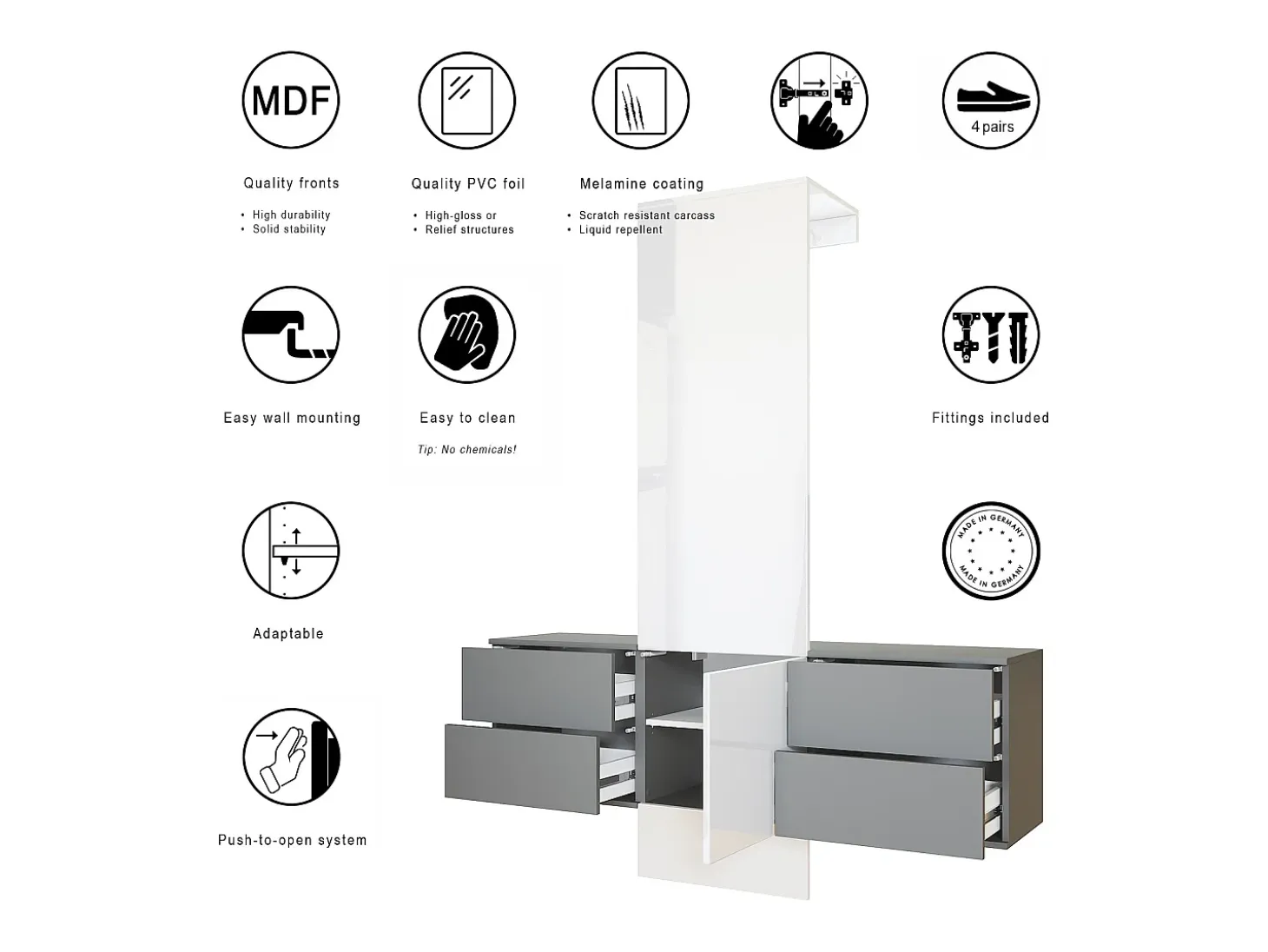 Armario de pared Carlton Set 3, Cuerpo en antracita mate / Panel en crema de alto brillo (157 x 193 x 35 cm)