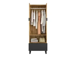 Armario de recibidor con cajón, estantes regulables y perchero, tablero de partículas de madera, color natural y negro (180x38x65 cm)