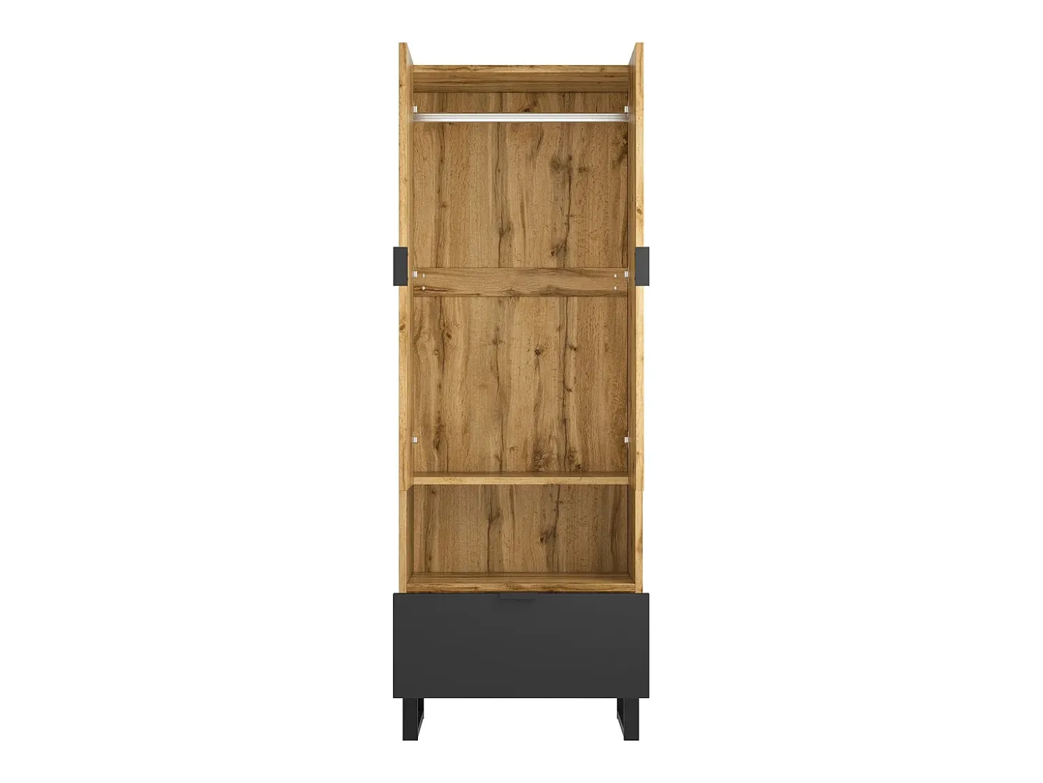 Armario de recibidor con cajón, estantes regulables y perchero, tablero de partículas de madera, color natural y negro (180x38x65 cm)